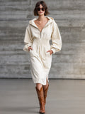 Casual Retro White Hooded Slit Midi Dress