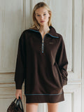 Casual Loose Brown Half-Zip Sweatshirt Mini Dress