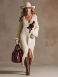 Comfortable And Fashionable V-neck Rose Pattern Cream Knitted Slit Midi Dress