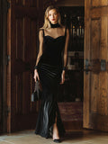 Elegant High-end Black Lace And Black Hot Diamond Velvet Maxi Dress