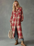Casual Retro Red And Beige Plaid Shirt Maxi Dress