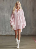 Fashionable And Comfortable Exquisite Pink Imitation Rabbit Fur Knitted Shirt-style Mini Dress