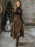 Retro Exquisite And Elegant High Collar Brown Velvet Printed Slit Midi Dress
