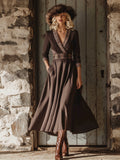 Elegant Retro Plaid Trim Brown A-line Maxi Dress