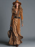 Casual Retro Geometric Camel Faux Suede Half-Zip Maxi Dress