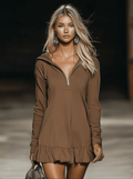 Casual Fashion Loose Brown Long Sleeve Ruffle Hem Hooded Mini Dress
