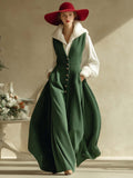 Christmas Limited Edition Vintage V-neck Front Button Green Woolen Vest Maxi Dress