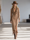 Retro Fashion Western Leopard Embroidery Trim Khaki Faux Suede Tassel Maxi Dress