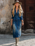 Retro Urban Blue Distressed Lapel Denim Maxi Dress