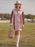 Casual Sports Pink Long-Sleeved Lapel Stitching Leopard Print Midi Dress