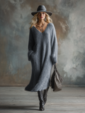 Comfortable Lazy V-neck Gray Imitation Rabbit Fur Knitted Long-sleeved Maxi Dress