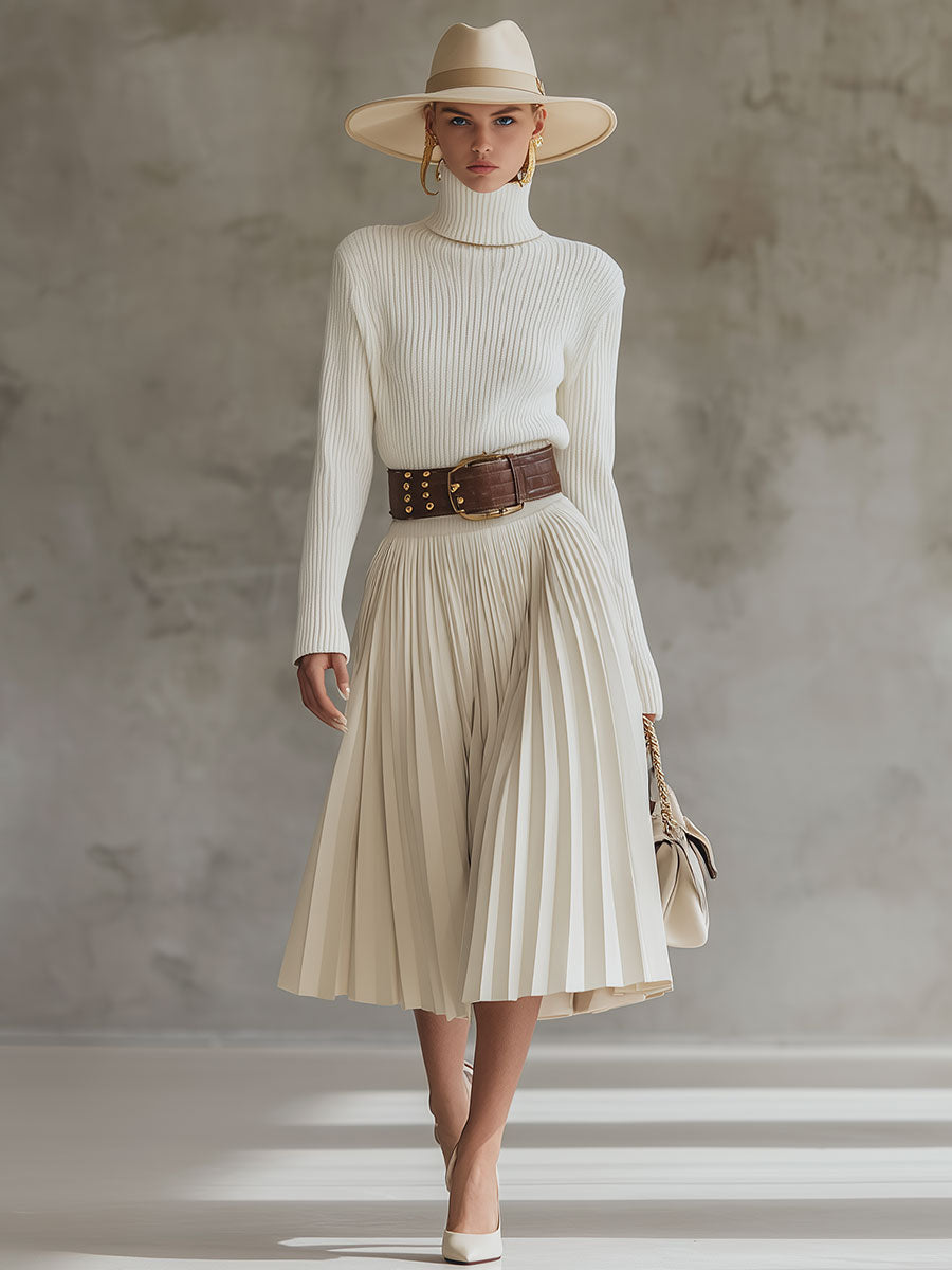 Casual And Comfortable Cream White Knitted Cotton Pleated Hem Midi Dress