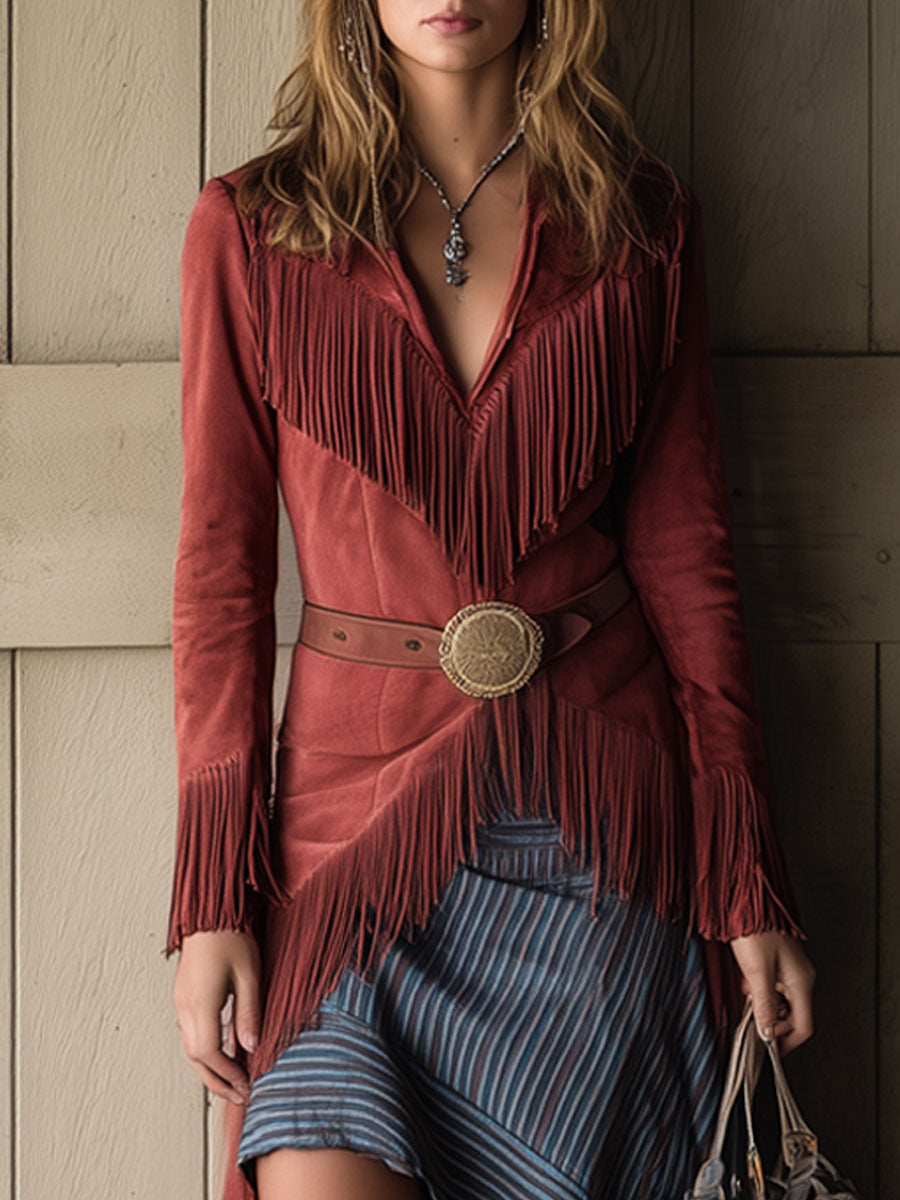 Casual Retro Fake Two-Piece Striped Brick Red Suede Tassel Maxi Dress