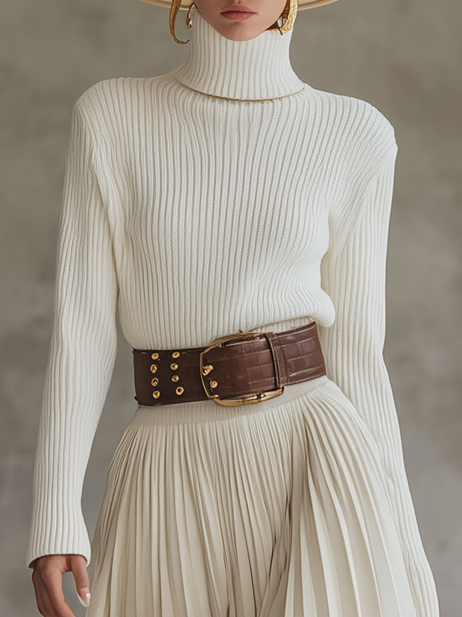 Casual And Comfortable Cream White Knitted Cotton Pleated Hem Midi Dress