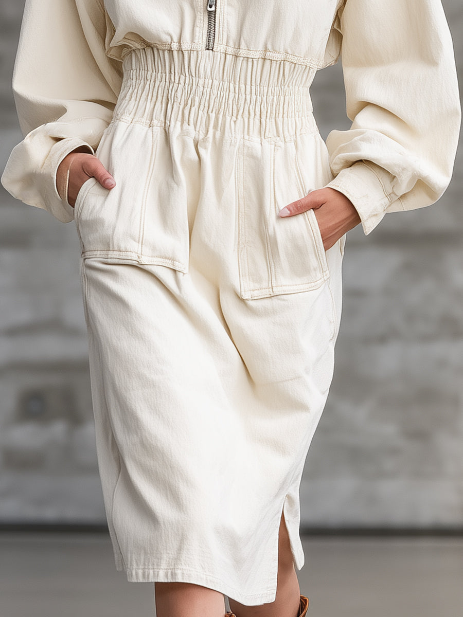 Casual Retro White Hooded Slit Midi Dress