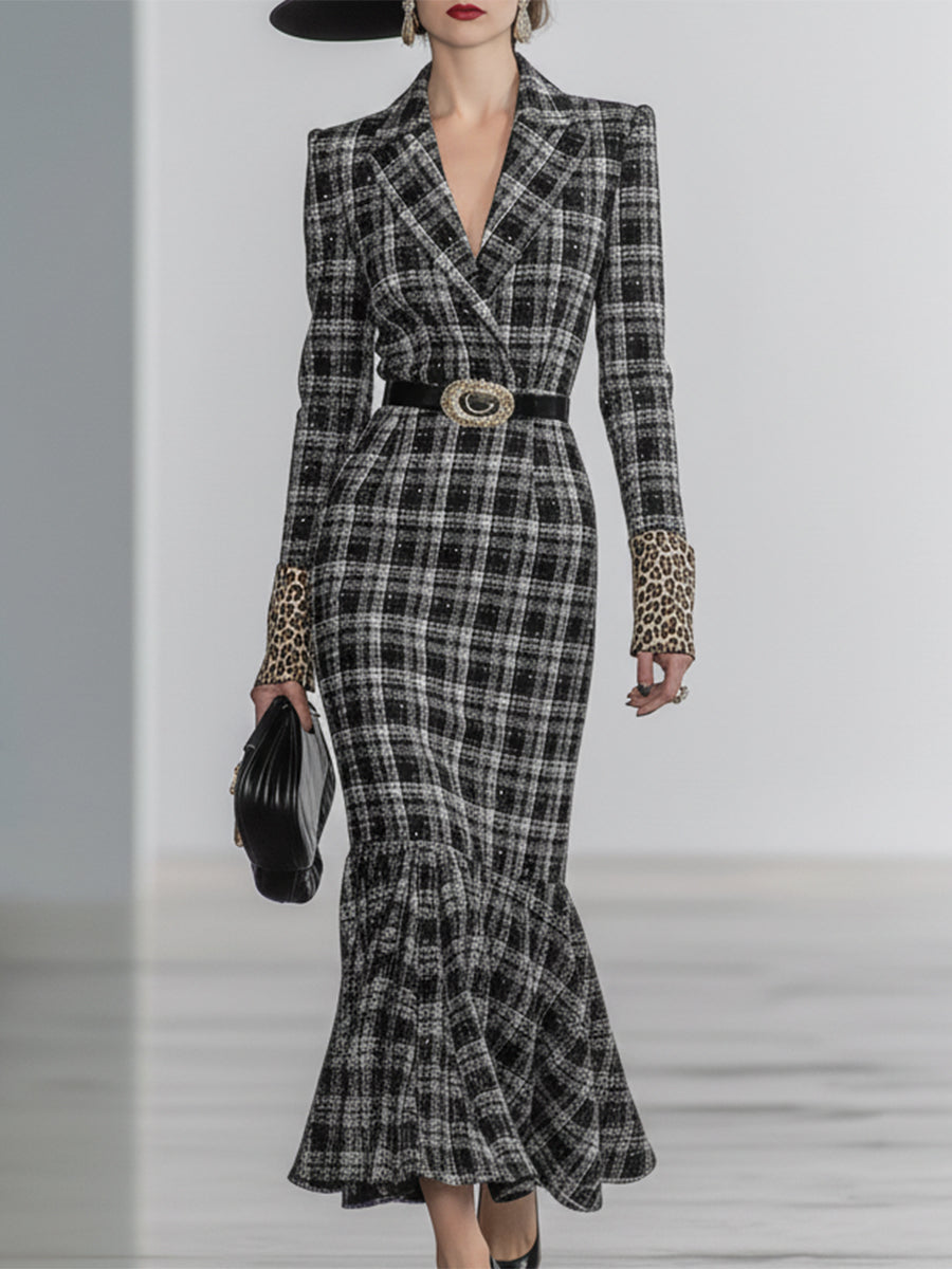 Black And White Plaid Cuffs And Leopard Print Midi Dress