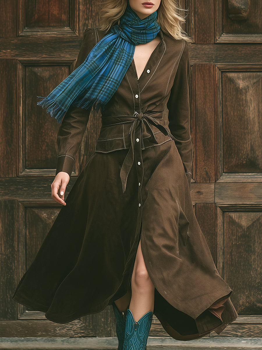 Retro Western V-neck Brown A-line Maxi Dress