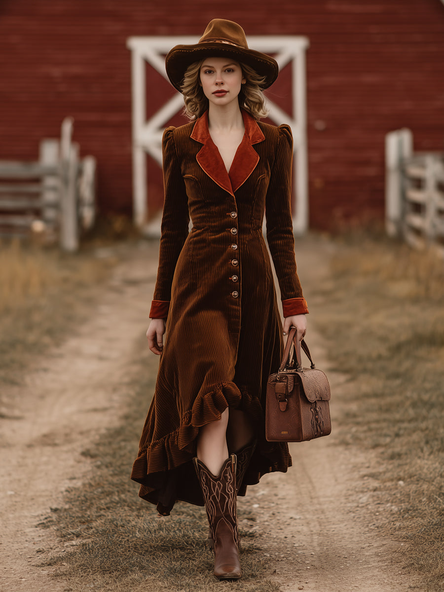 Brown Corduroy Splicing With Red Buttons Irregular Skirt Midi Dress