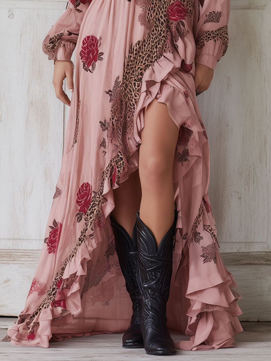 Bohemian Retro Long Sleeve Pink Leopard Rose Chiffon Ruffle Maxi Dress