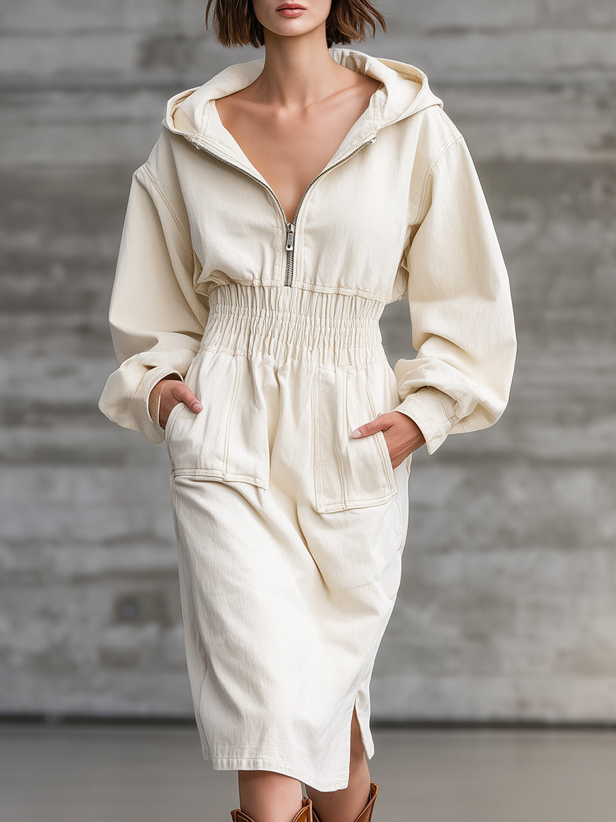 Casual Retro White Hooded Slit Midi Dress