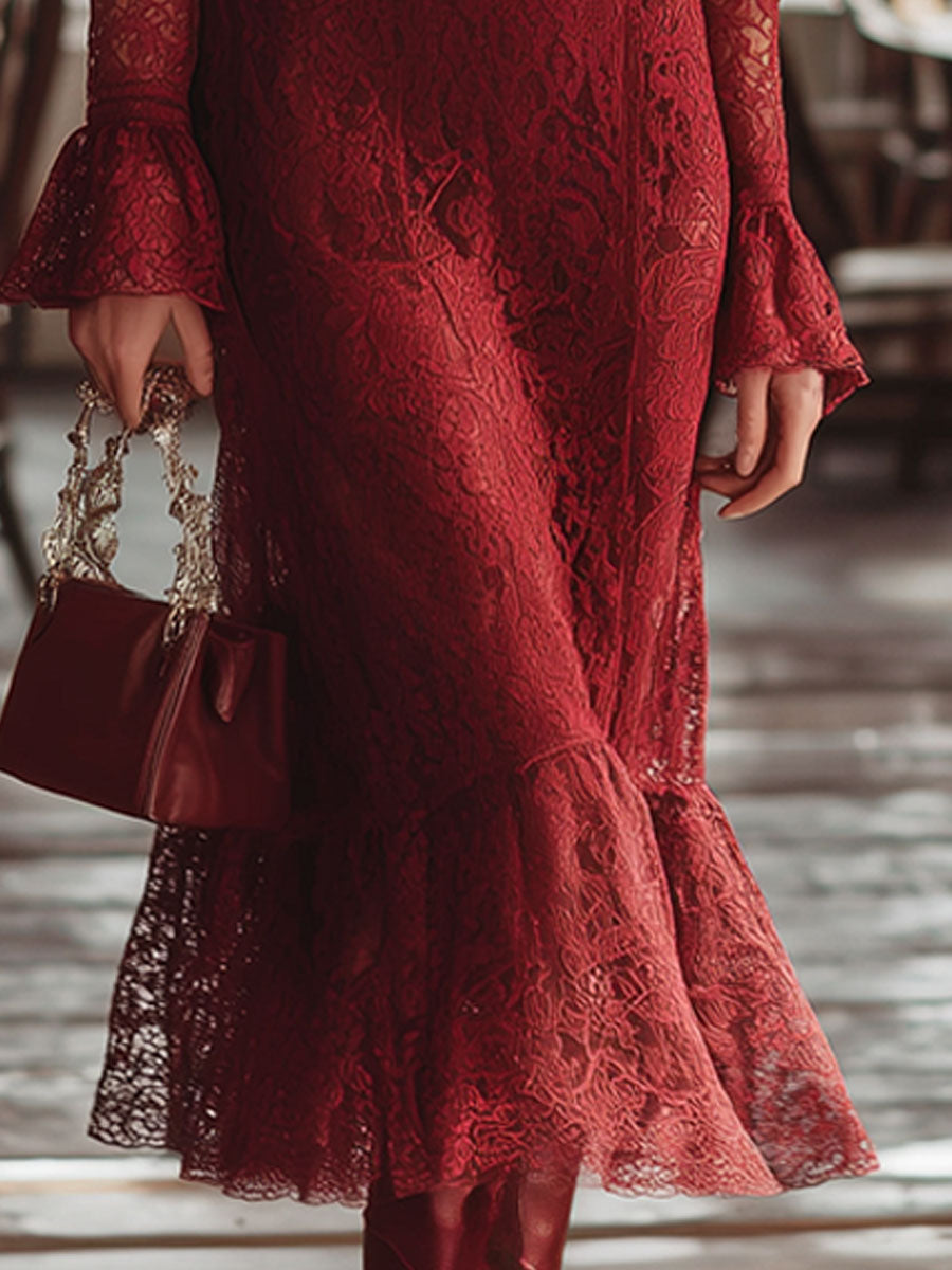 Exquisite Retro Temperament Red Lace Midi Dress