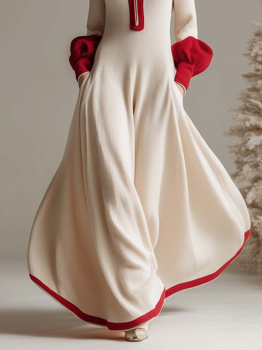 Christmas Limited Edition Lapel Front Zipper With Red Trim Cream Knit Maxi Dress