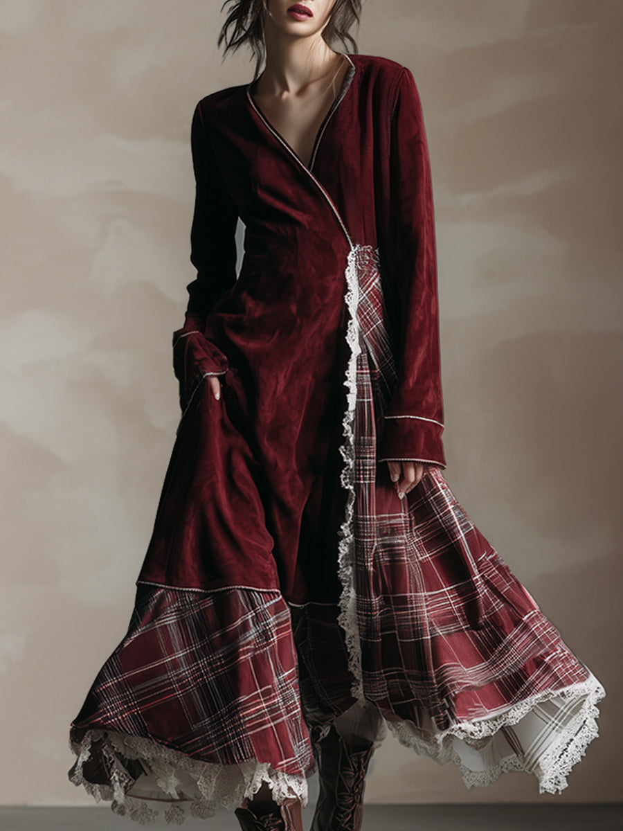 Vintage Burgundy Faux Suede Patchwork Plaid Lace Trim Maxi Dress