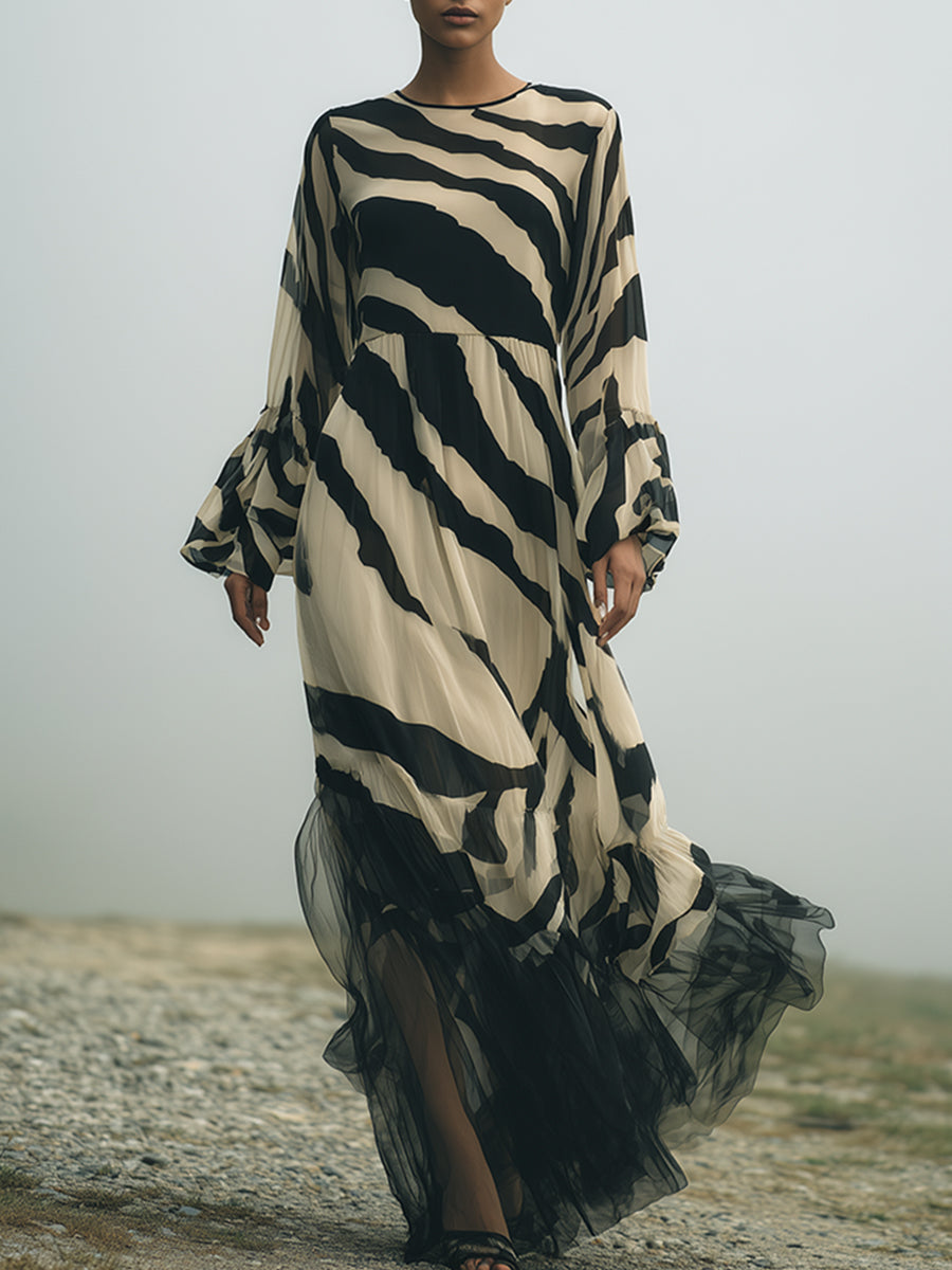 Elegant Vintage Khaki Tiger Print Organza Hem Chiffon Maxi Dress