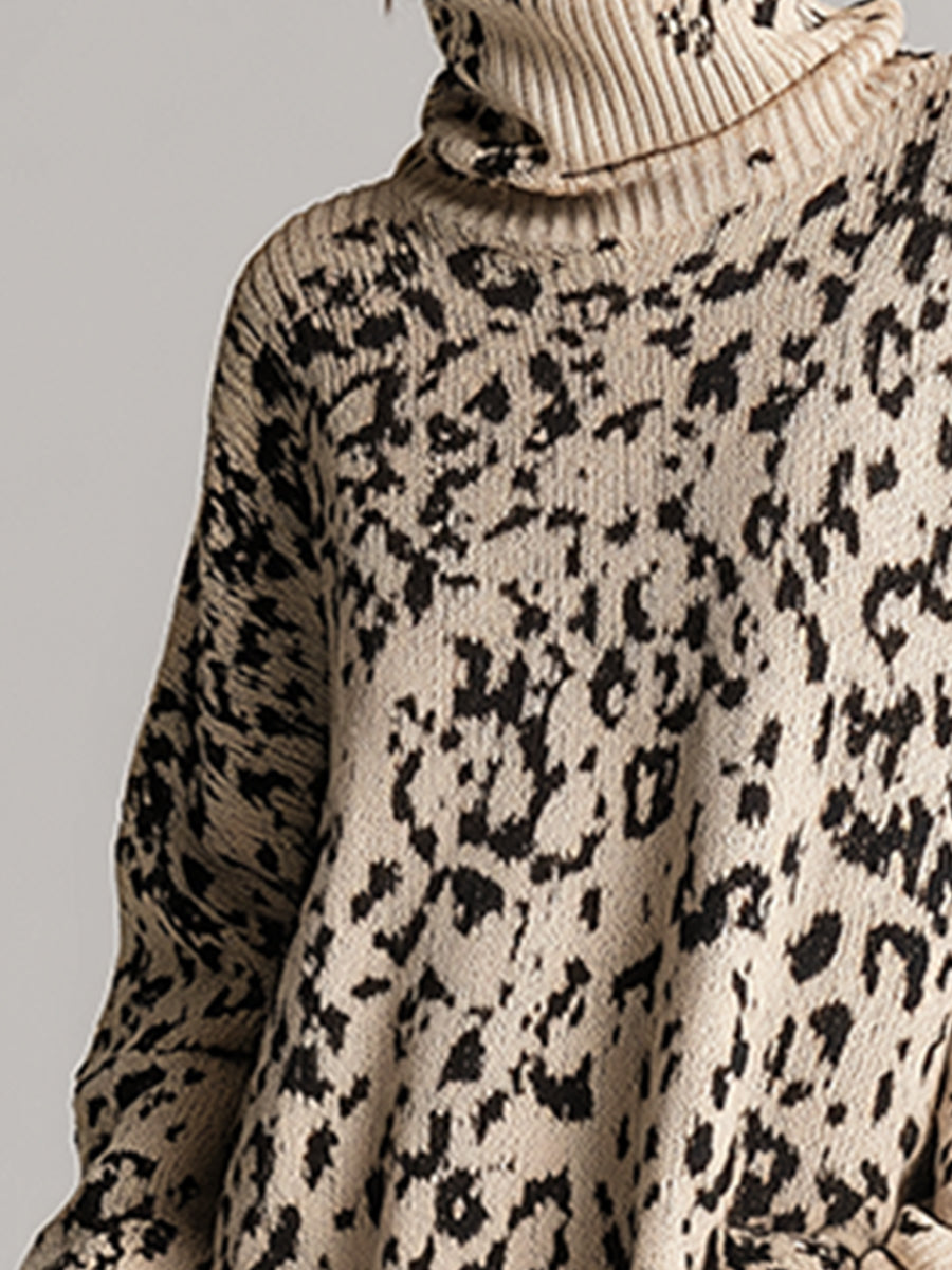 Fashionable Silhouette High-neck Beige Leopard Print Knitted Midi Dress