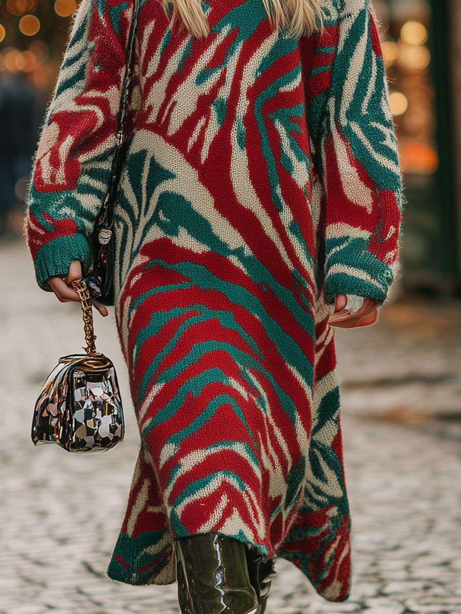 Casual Loose Red And Green Zebra Pattern Knitted Midi Dress