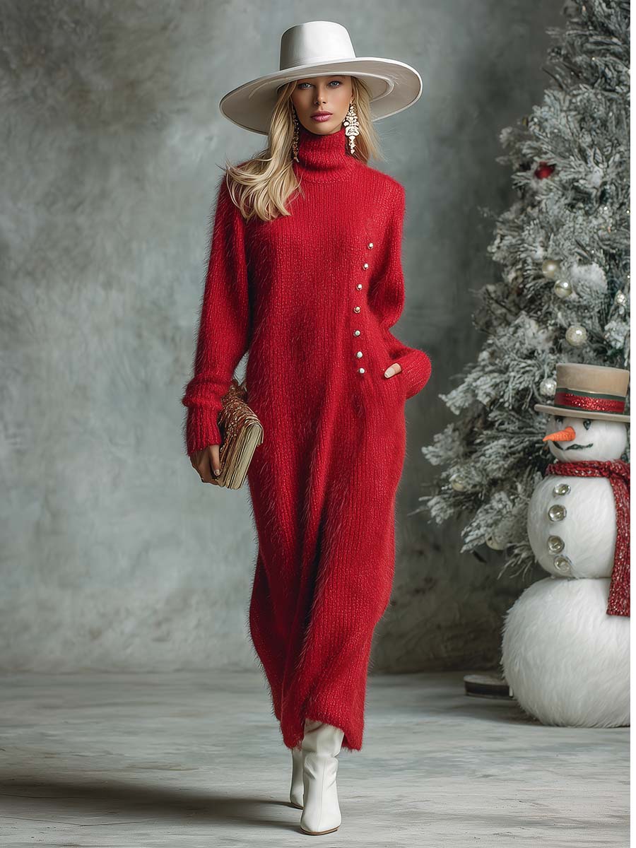 Vintage Exquisite And Comfortable High Collar Button Decoration Red Imitation Rabbit Fur Knitted Maxi Dress
