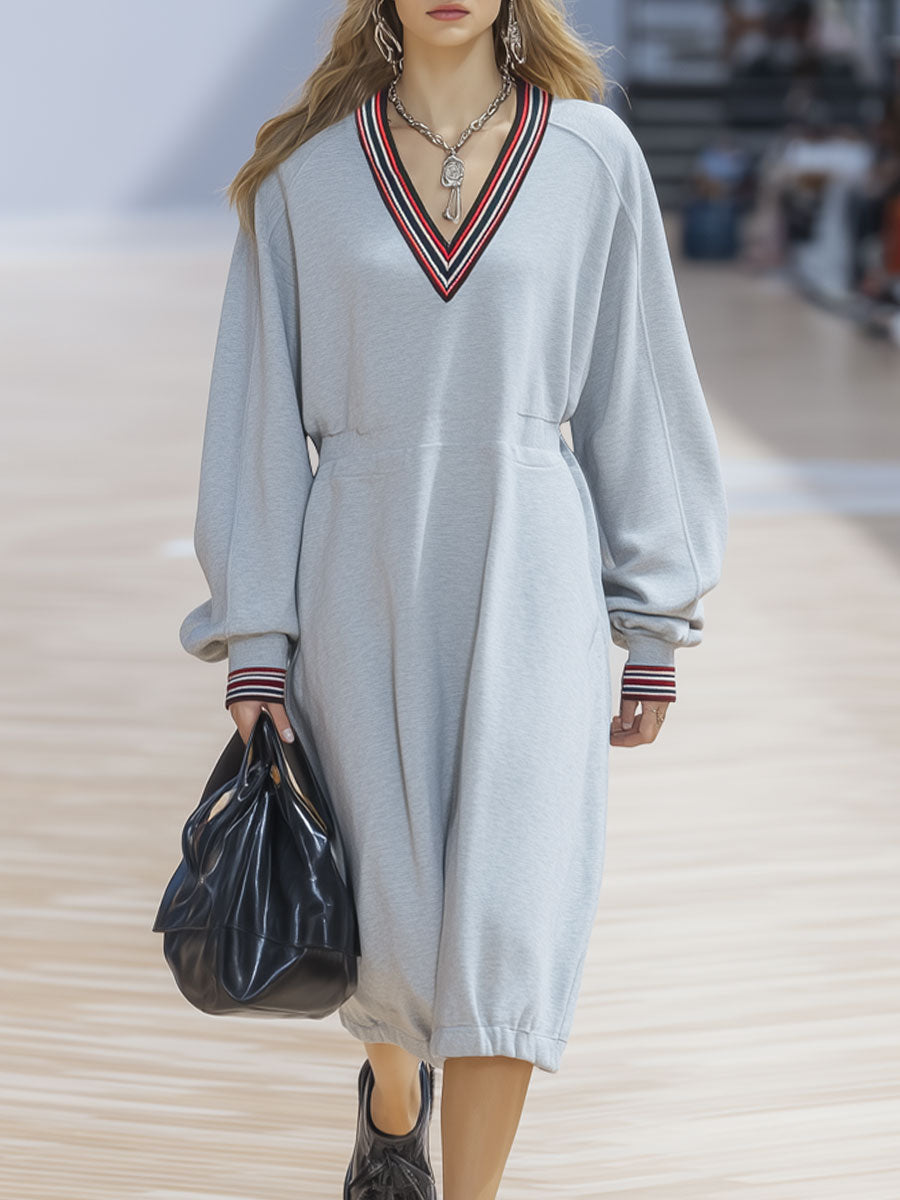 Casual Sports Light Gray Long-Sleeved V-Neck Striped Bud Midi Dress