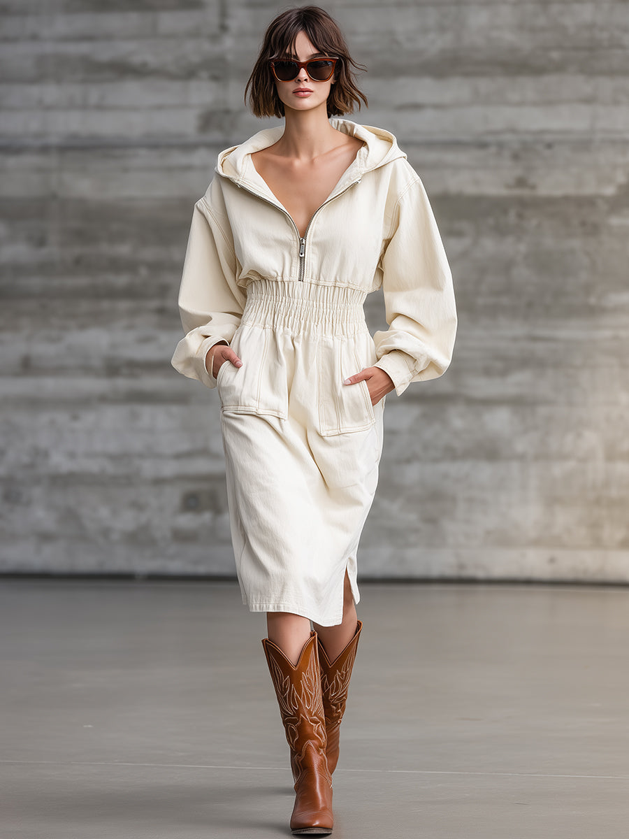 Casual Retro White Hooded Slit Midi Dress