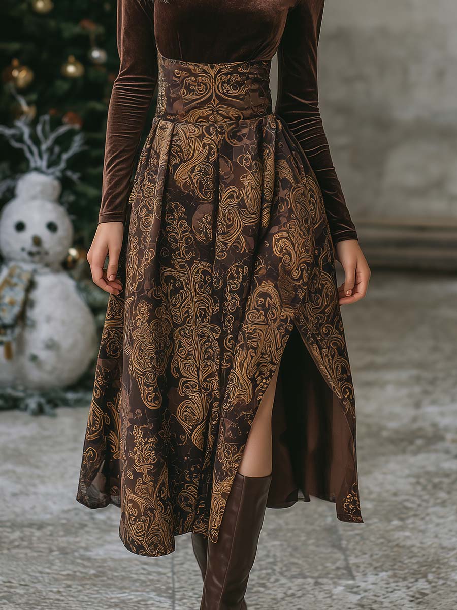 Retro Exquisite And Elegant High Collar Brown Velvet Printed Slit Midi Dress