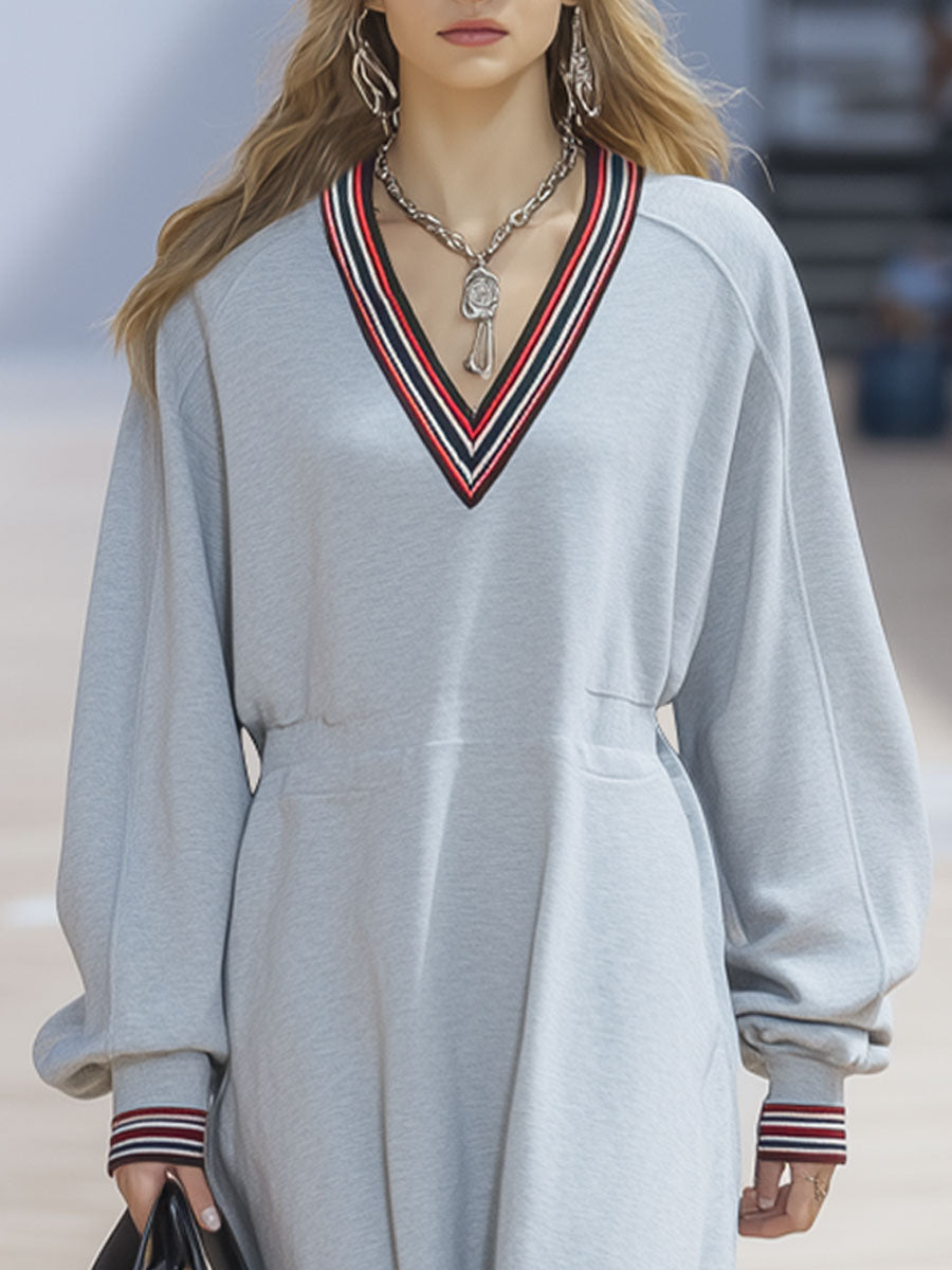 Casual Sports Light Gray Long-Sleeved V-Neck Striped Bud Midi Dress