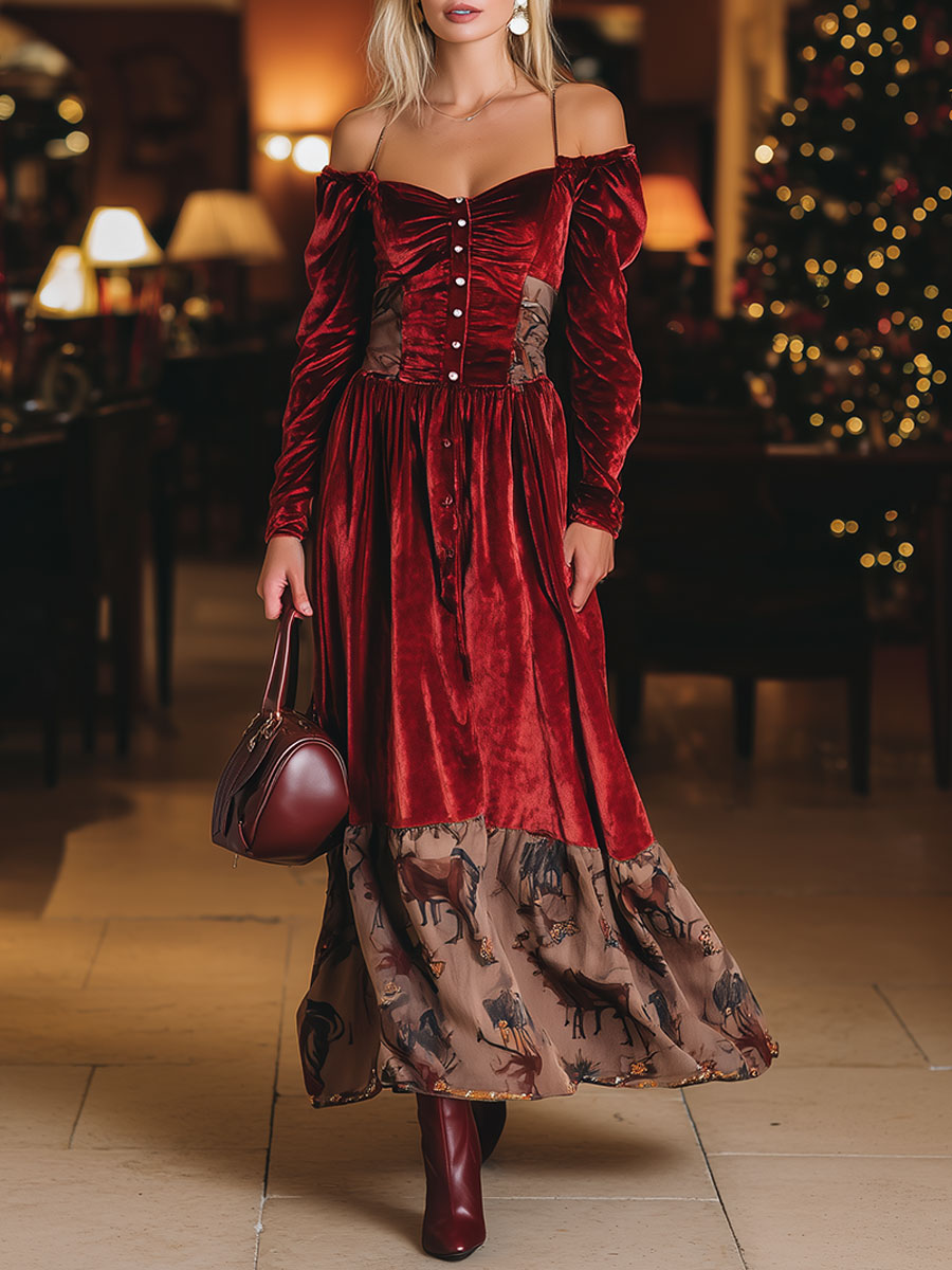 Christmas Retro Red Strapless Off-the-Shoulder Long Sleeve Elk Print Velvet Maxi Dress