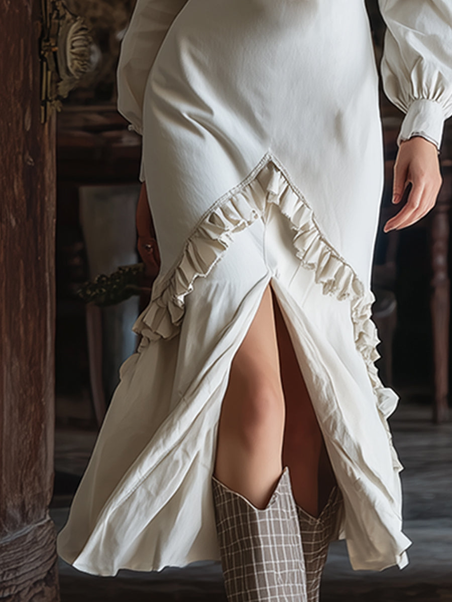Exquisite Vintage White V-neck Ruffle Trim Front Slit Maxi Dress