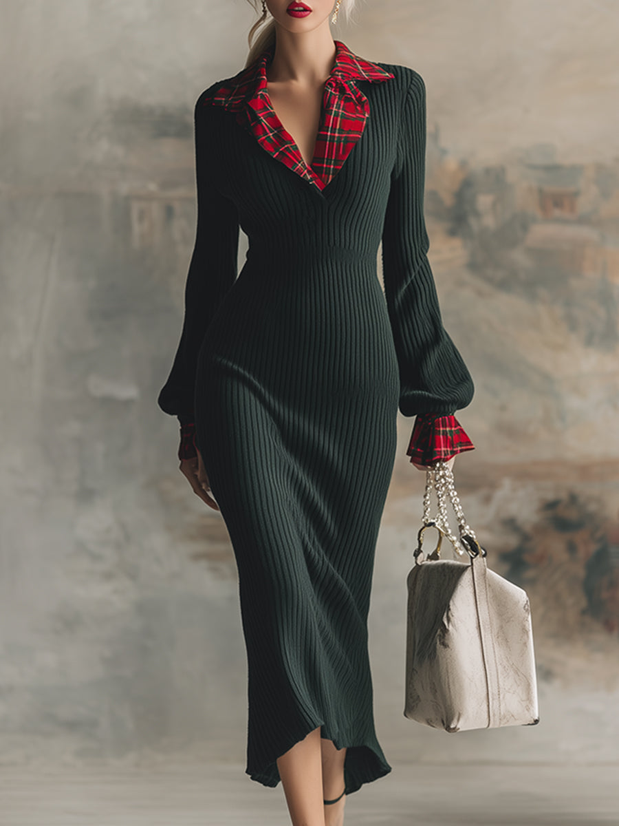 Classic Christmas Green Contrast Plaid Trim Knit Maxi Dress
