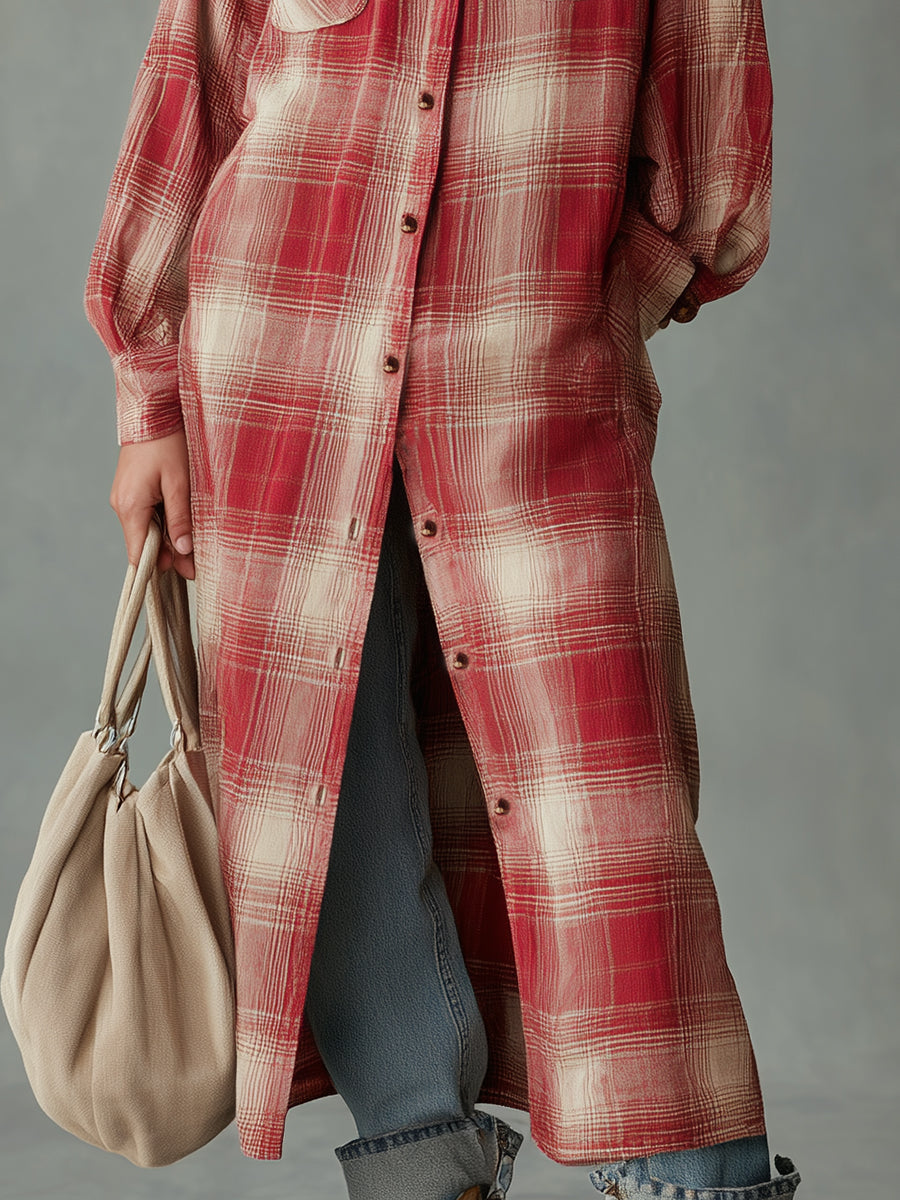 Casual Retro Red And Beige Plaid Shirt Maxi Dress