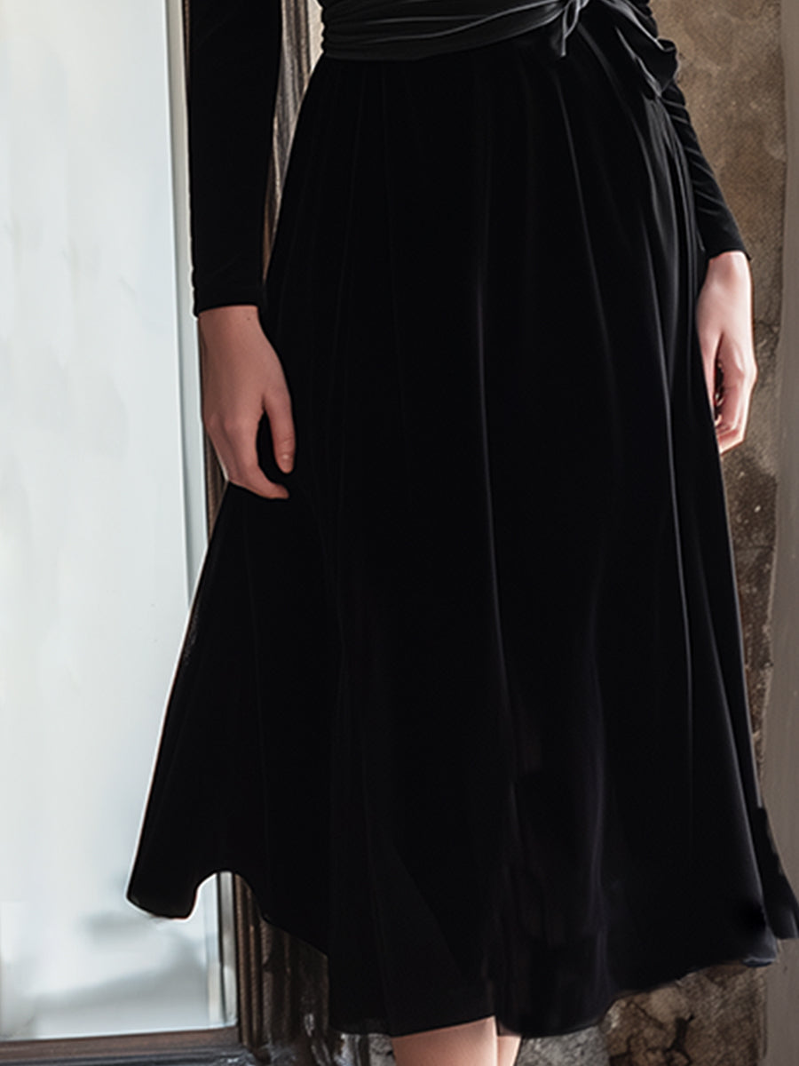 Elegant And Classic Mesh Collar Black Velvet Maxi Dress