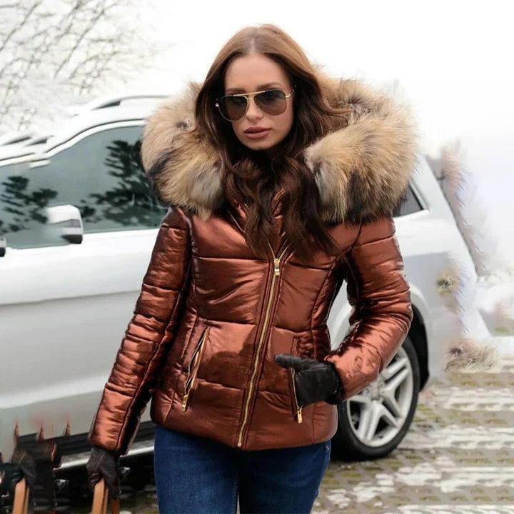 Christina – Stylish coat with cozy faux fur lining on hood and collar