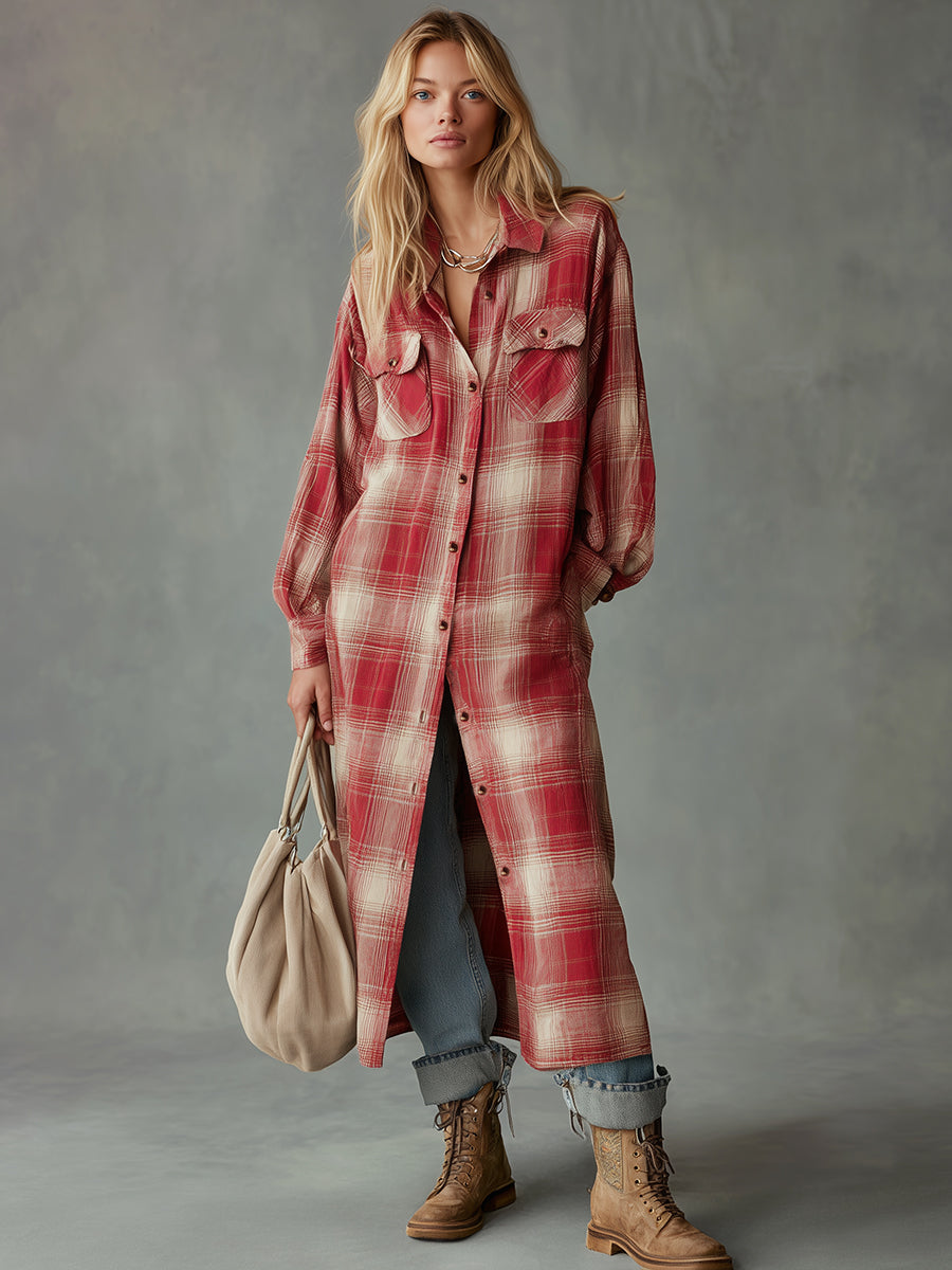 Casual Retro Red And Beige Plaid Shirt Maxi Dress