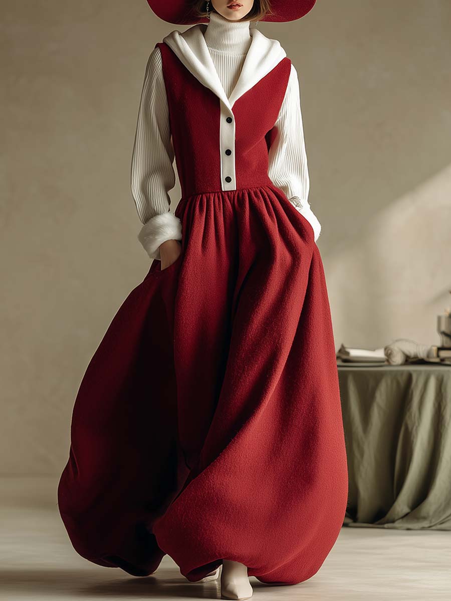 Christmas Limited Edition Retro Hooded V-neck Front Button Red Wool Vest Style Bubble Hem Maxi Dress