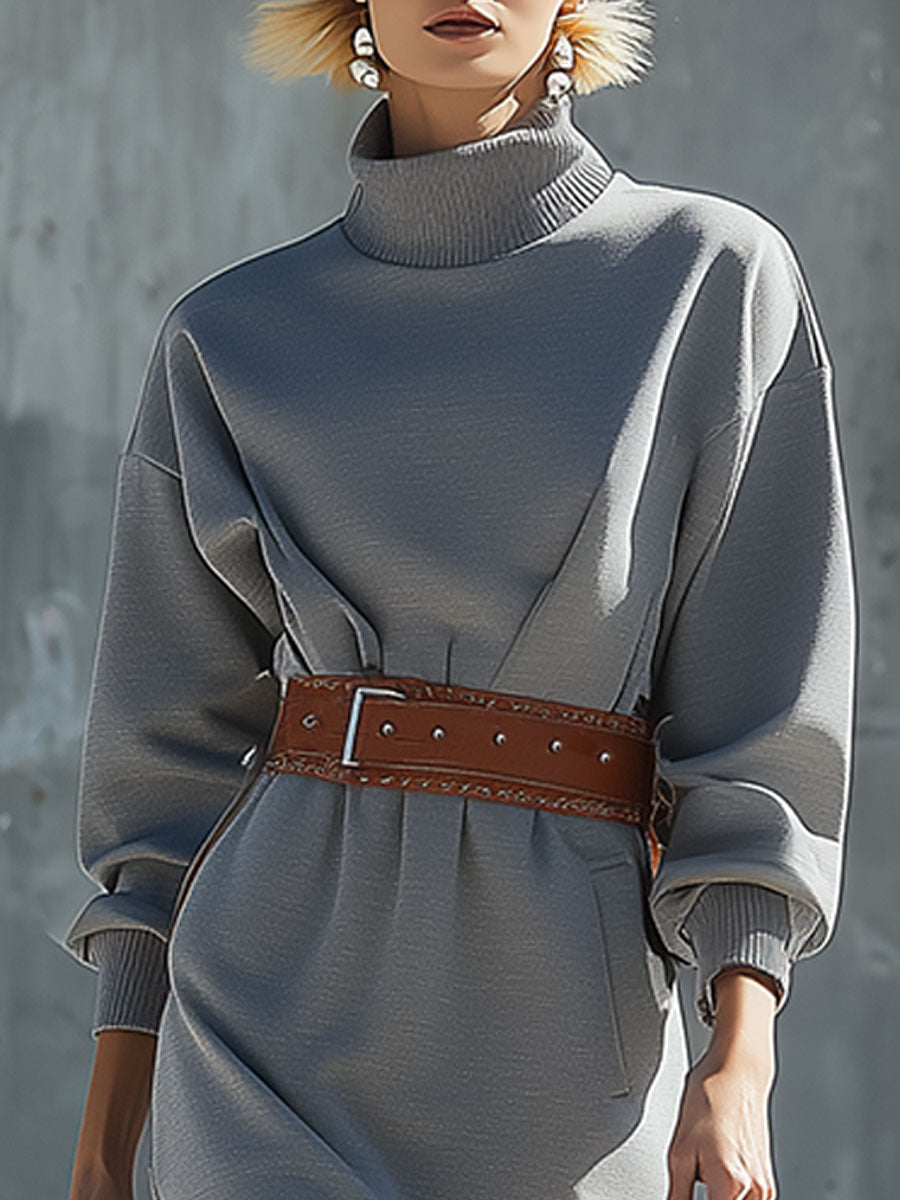 Casual Loose Grey Turtleneck Midi Dress