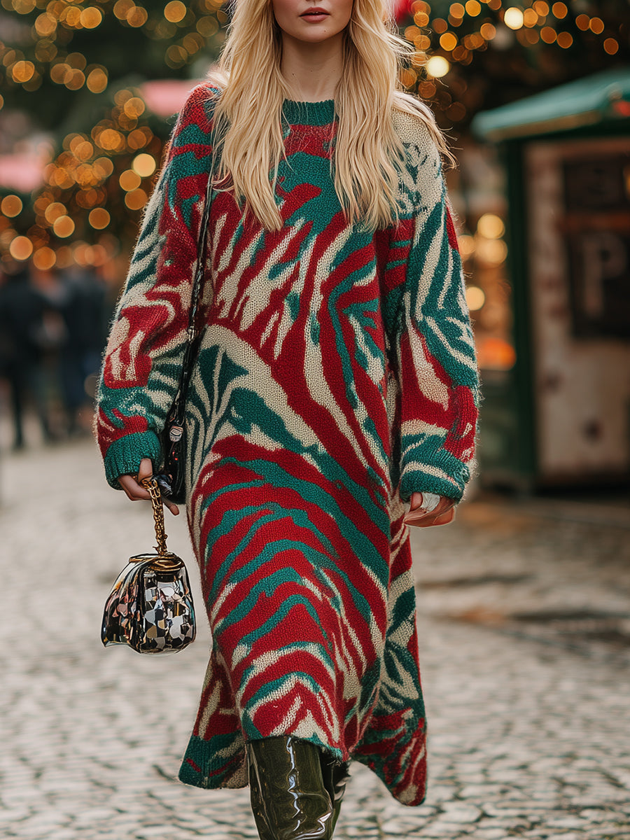 Casual Loose Red And Green Zebra Pattern Knitted Midi Dress