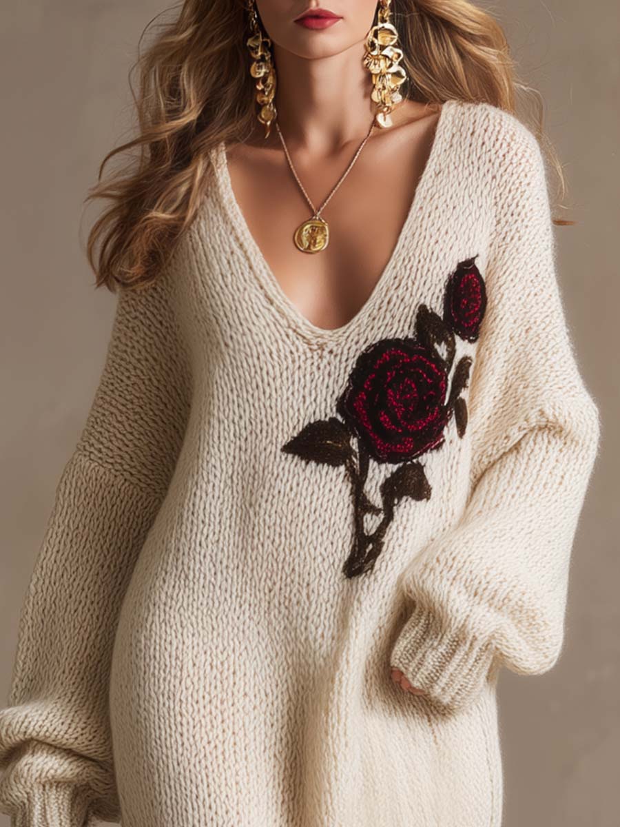 Comfortable And Fashionable V-neck Rose Pattern Cream Knitted Slit Midi Dress