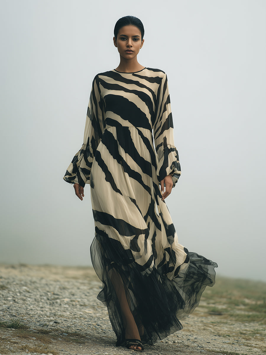 Elegant Vintage Khaki Tiger Print Organza Hem Chiffon Maxi Dress