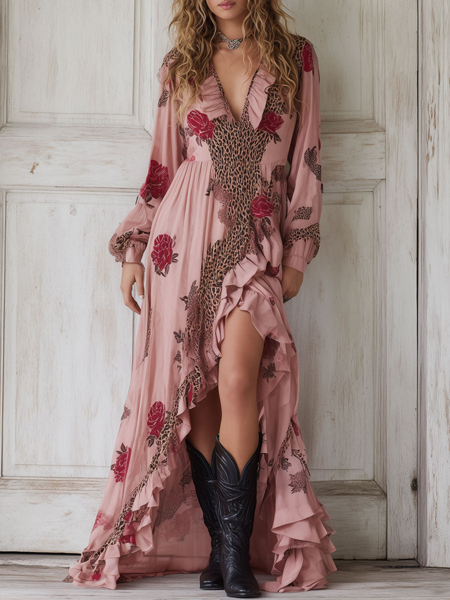 Bohemian Retro Long Sleeve Pink Leopard Rose Chiffon Ruffle Maxi Dress