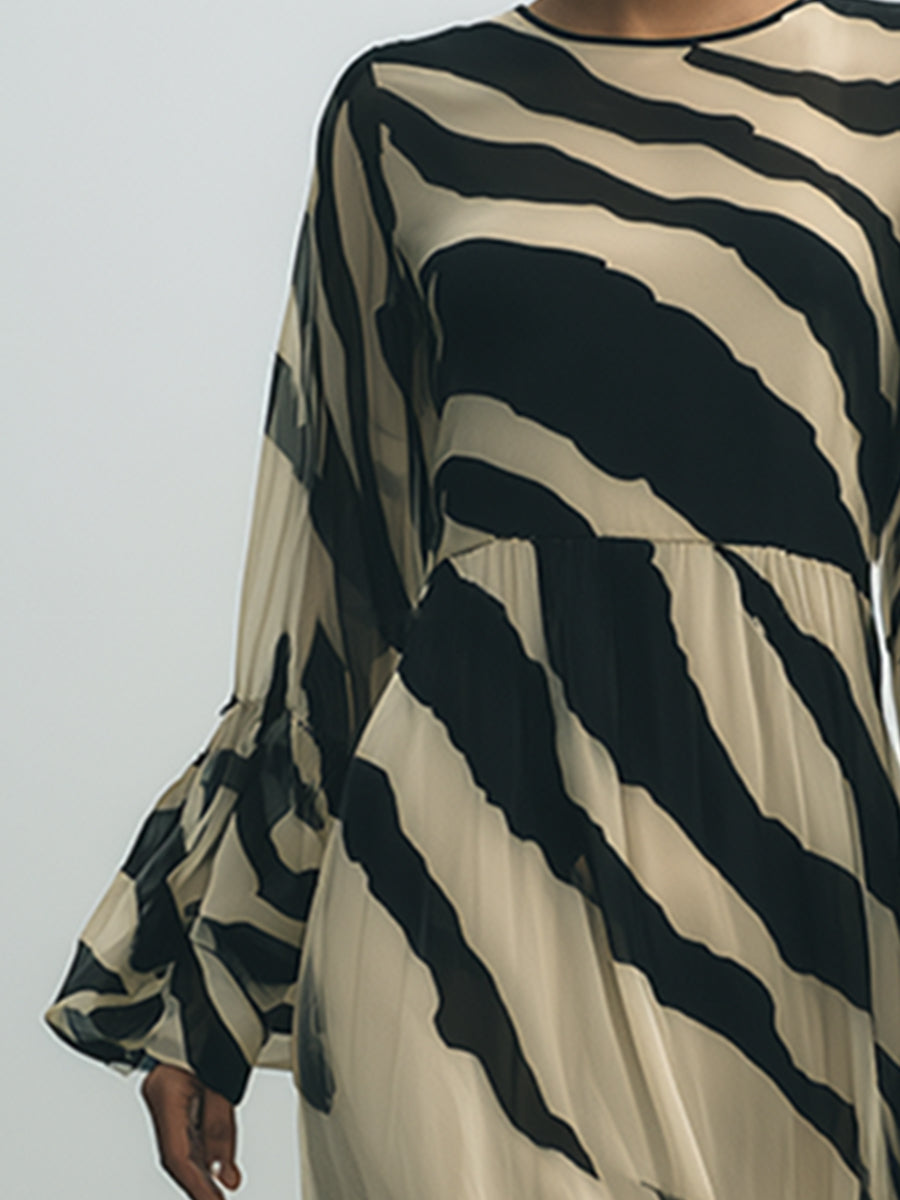 Elegant Vintage Khaki Tiger Print Organza Hem Chiffon Maxi Dress