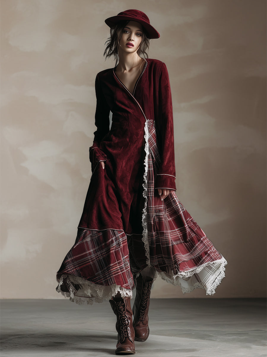 Vintage Burgundy Faux Suede Patchwork Plaid Lace Trim Maxi Dress